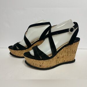 Prada Black Wedge Sandals Strappy suede cork 39.5